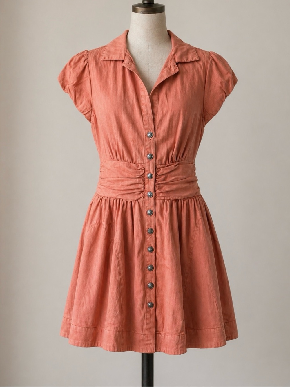 FREE PEOPLE Denim Boho Mini Shirt Dress M Fit & Flare Summer Festival Beach - Picture 16 of 16